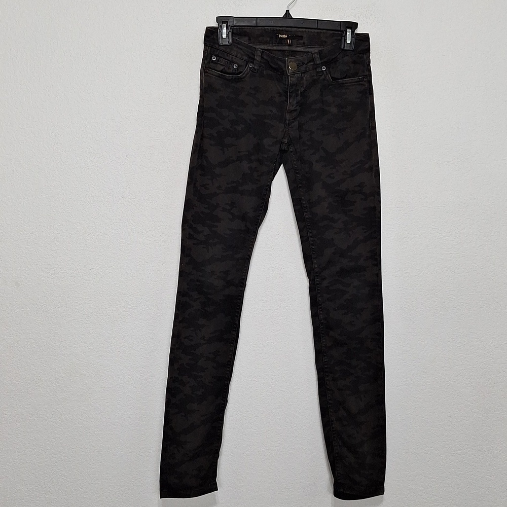 Maje Black Gray Grunge Gorpcore Camouflage Low Rise Skinny Leg Y2K Pants Size 27